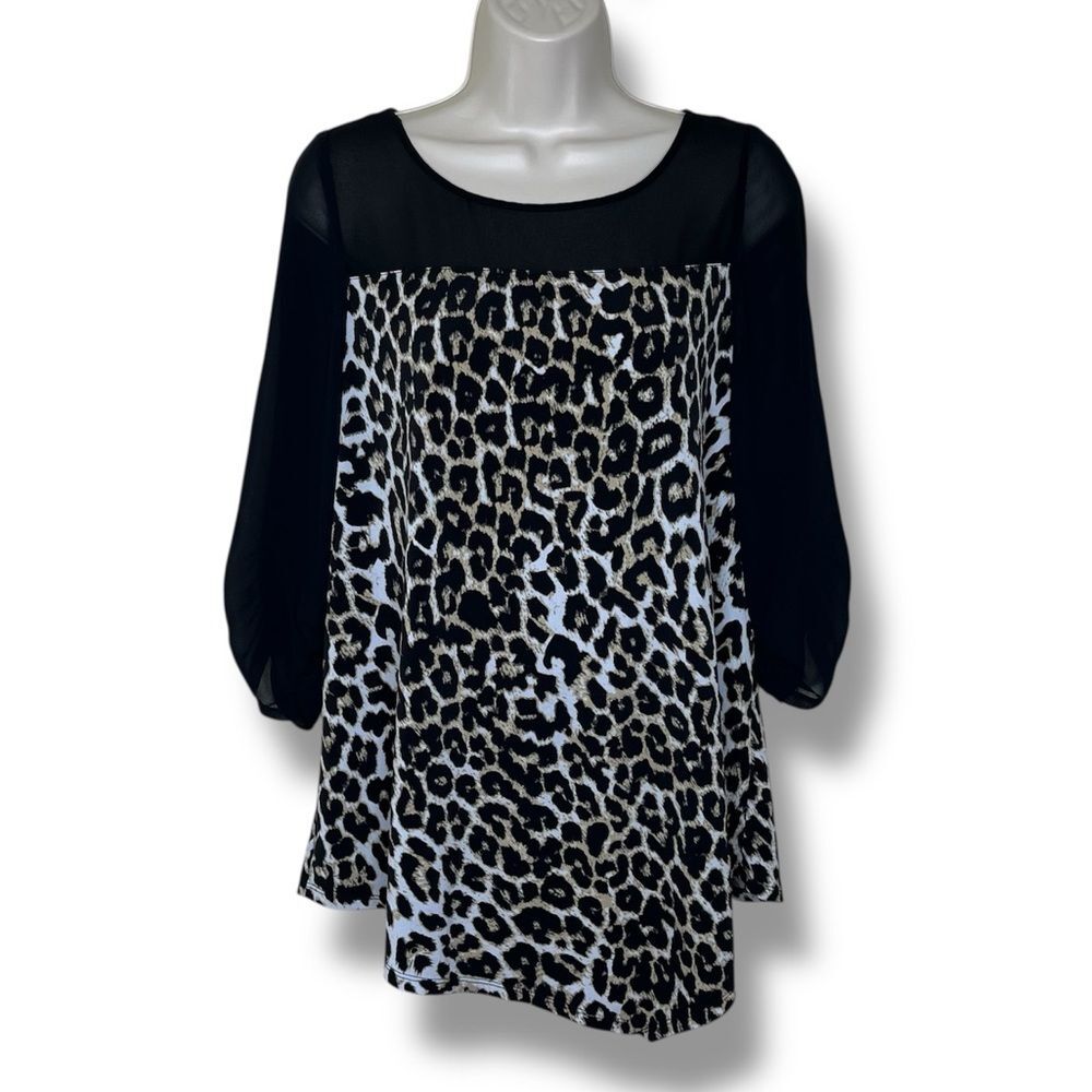 Vince Camuto Leopard Print Black Chiffon Asymmetric Hem Top Women Size Medium